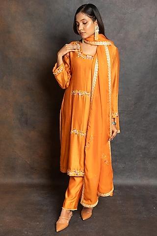 rust orange chanderi embellished kurta set