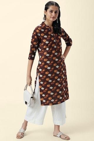rust print casual mandarin 3/4th sleeves calf-length women regular fit kurta