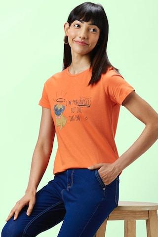 rust printed casual short sleeves round neck women regular fit t-shirt