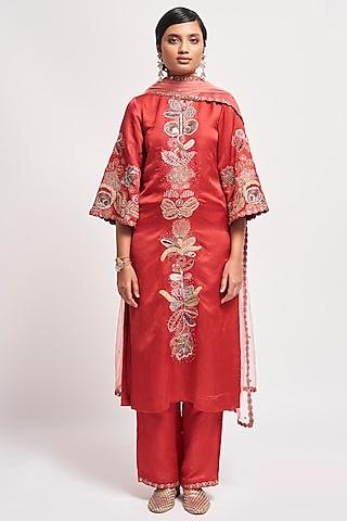 rust red linen satin embellished kurta set