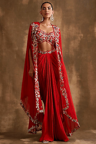 rust red silk crepe & organza hand embroidered cape set