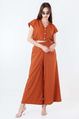 rust solid polyester women regular fit trousers