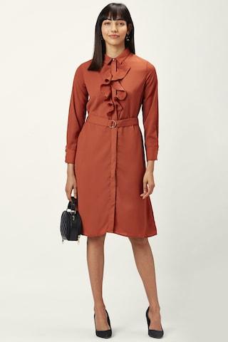 rust solid regular collar formal knee length full sleeves women comfort fit dress
