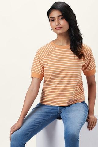 rust stripe casual half sleeves round neck women regular fit t-shirt