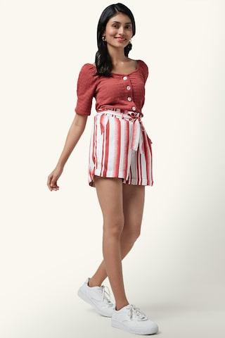 rust-stripe-mid-thigh-length-high-rise-casual-women-comfort-fit-shorts