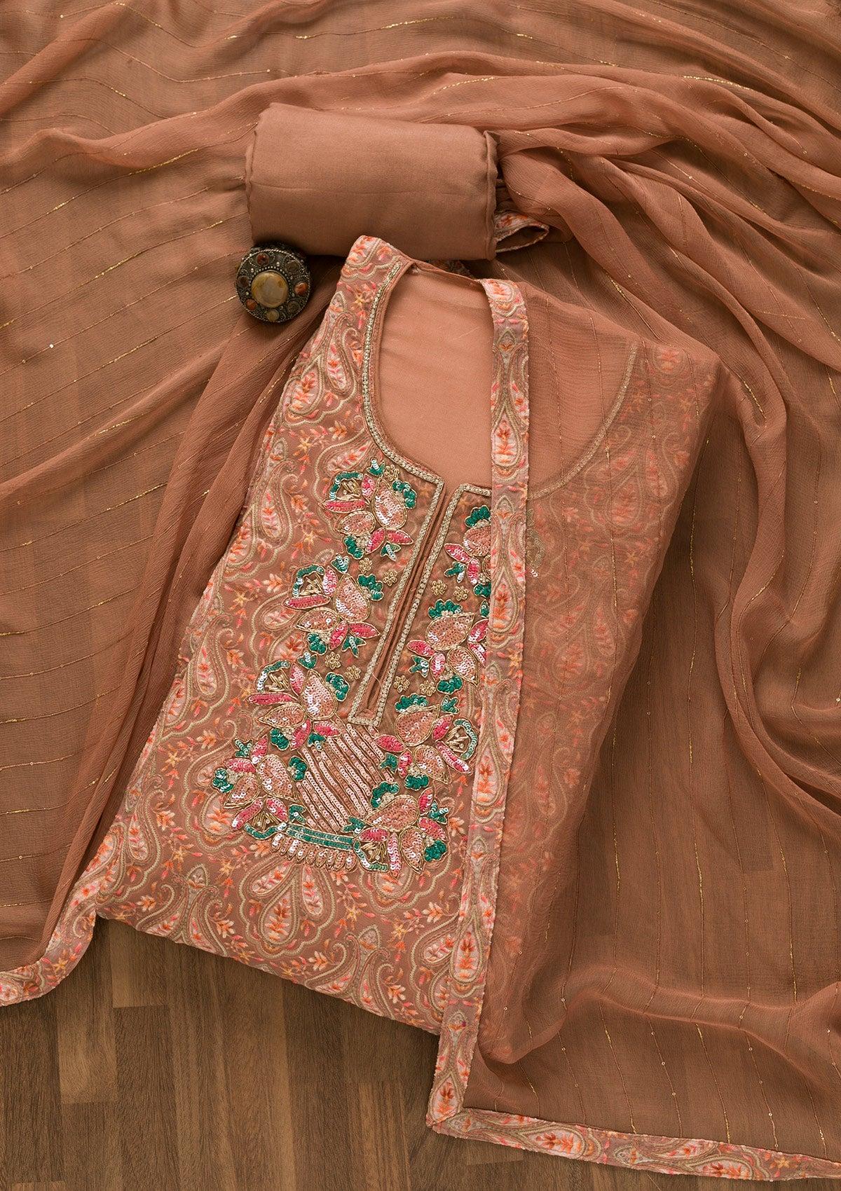 rust threadwork georgette unstitched salwar suit