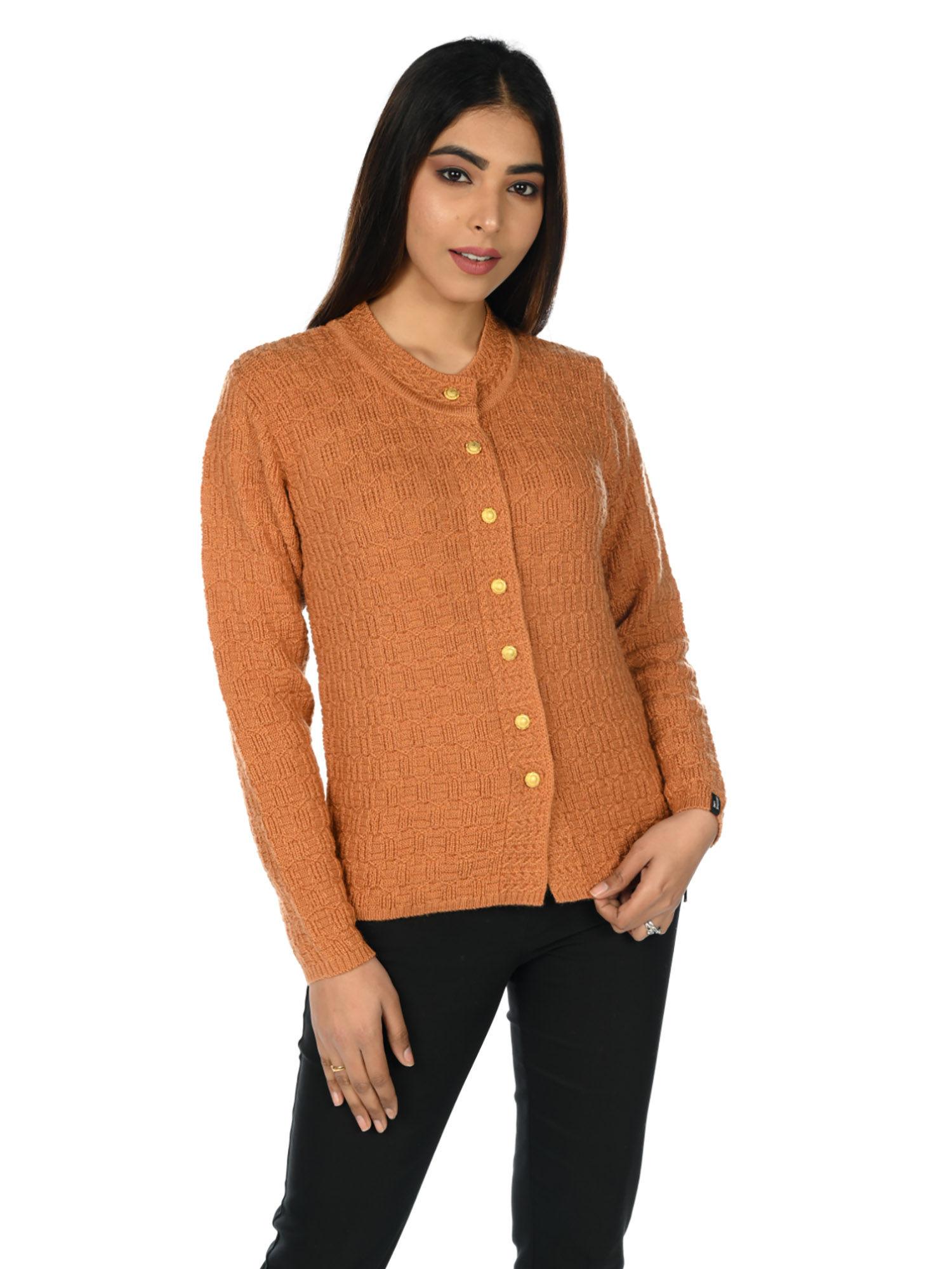 rust wool solid round neck cardigans