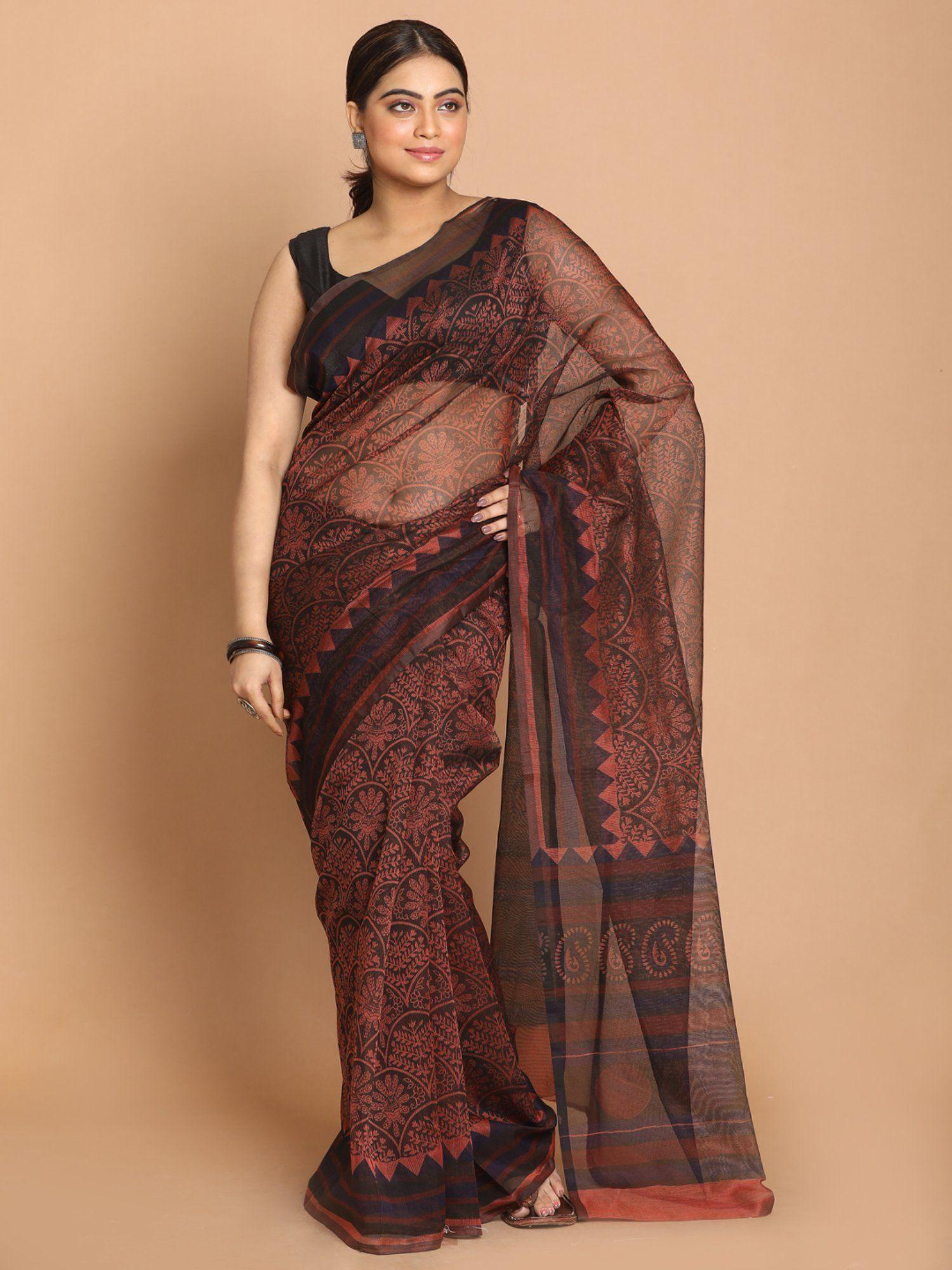 rust & black printed cotton blend saree with unstitched blouse