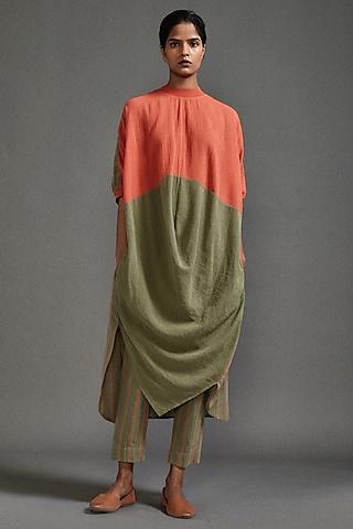 rust & green textured cotton color-block draped cowl tunic