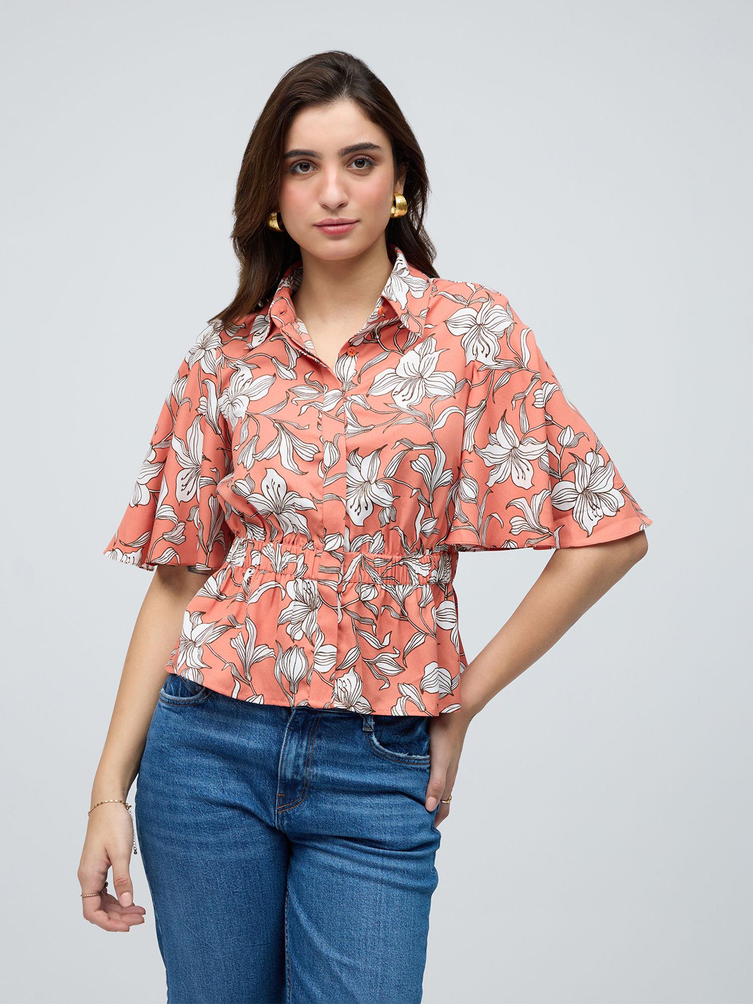 rust and white floral bell sleeves peplum shirt