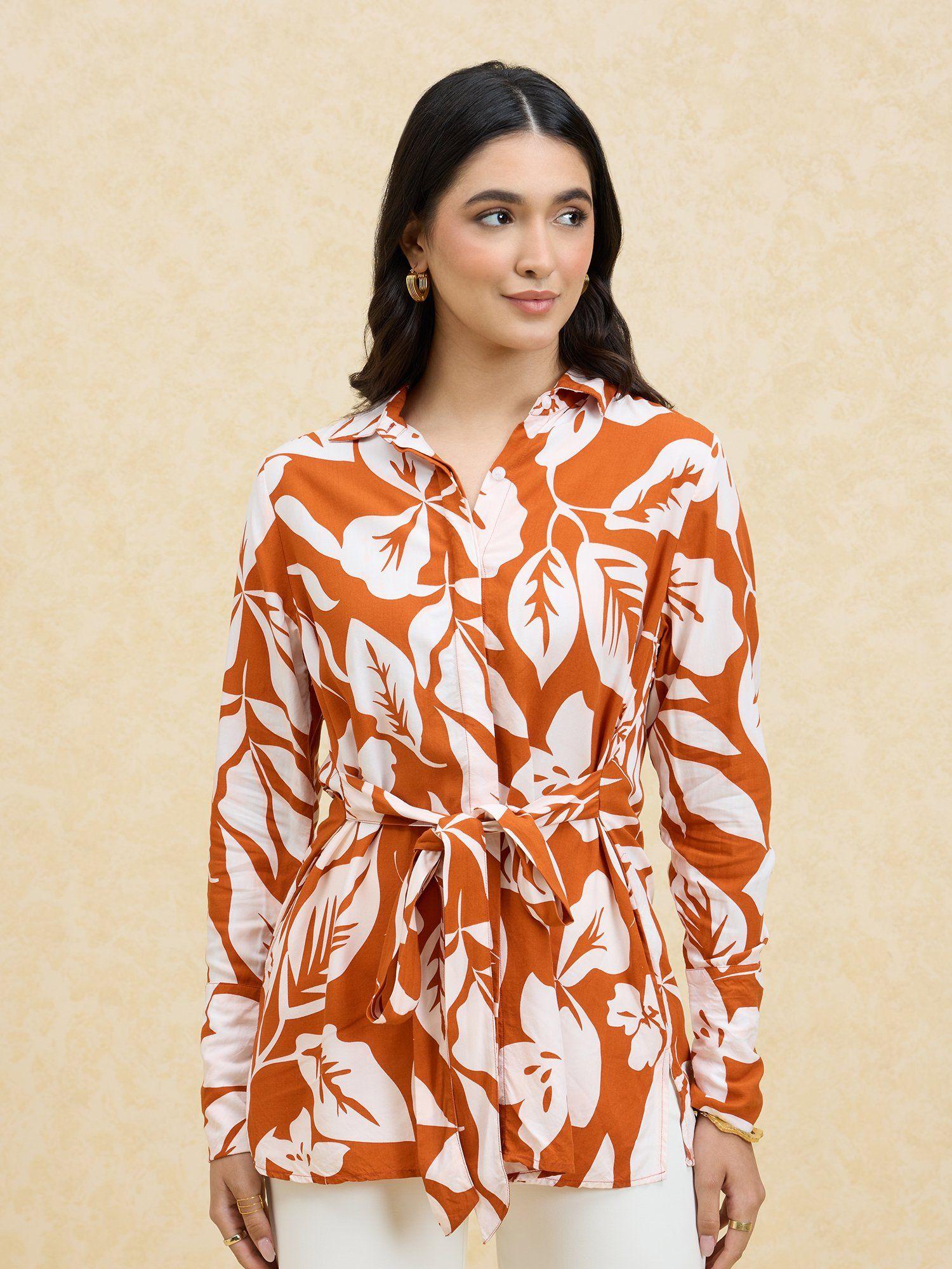 rust and white printed belted shirt