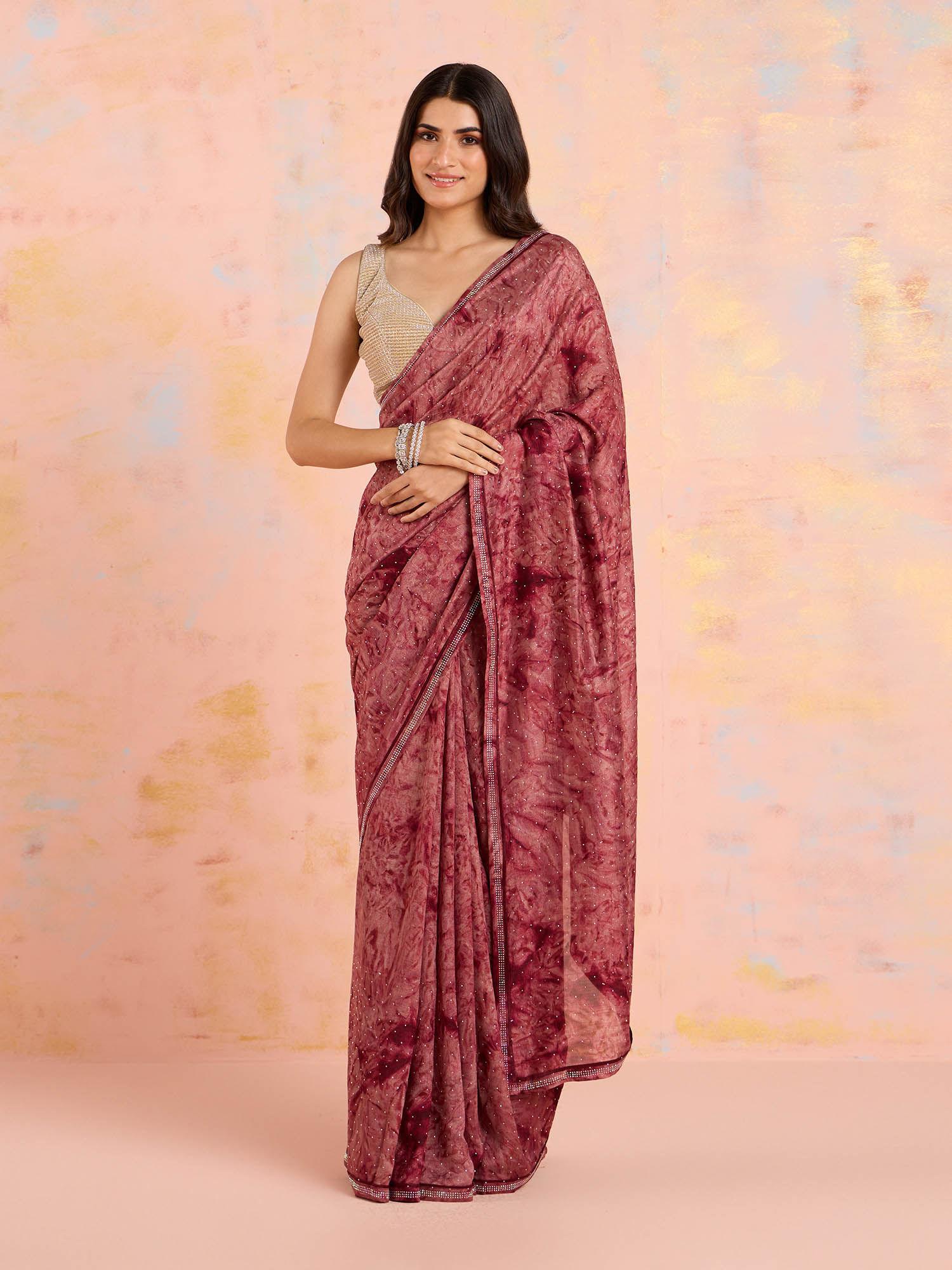 rust art silk embellished printed saree with unstitched blouse likparsar02