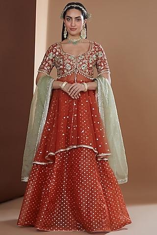 rust banarasi organza lehenga set