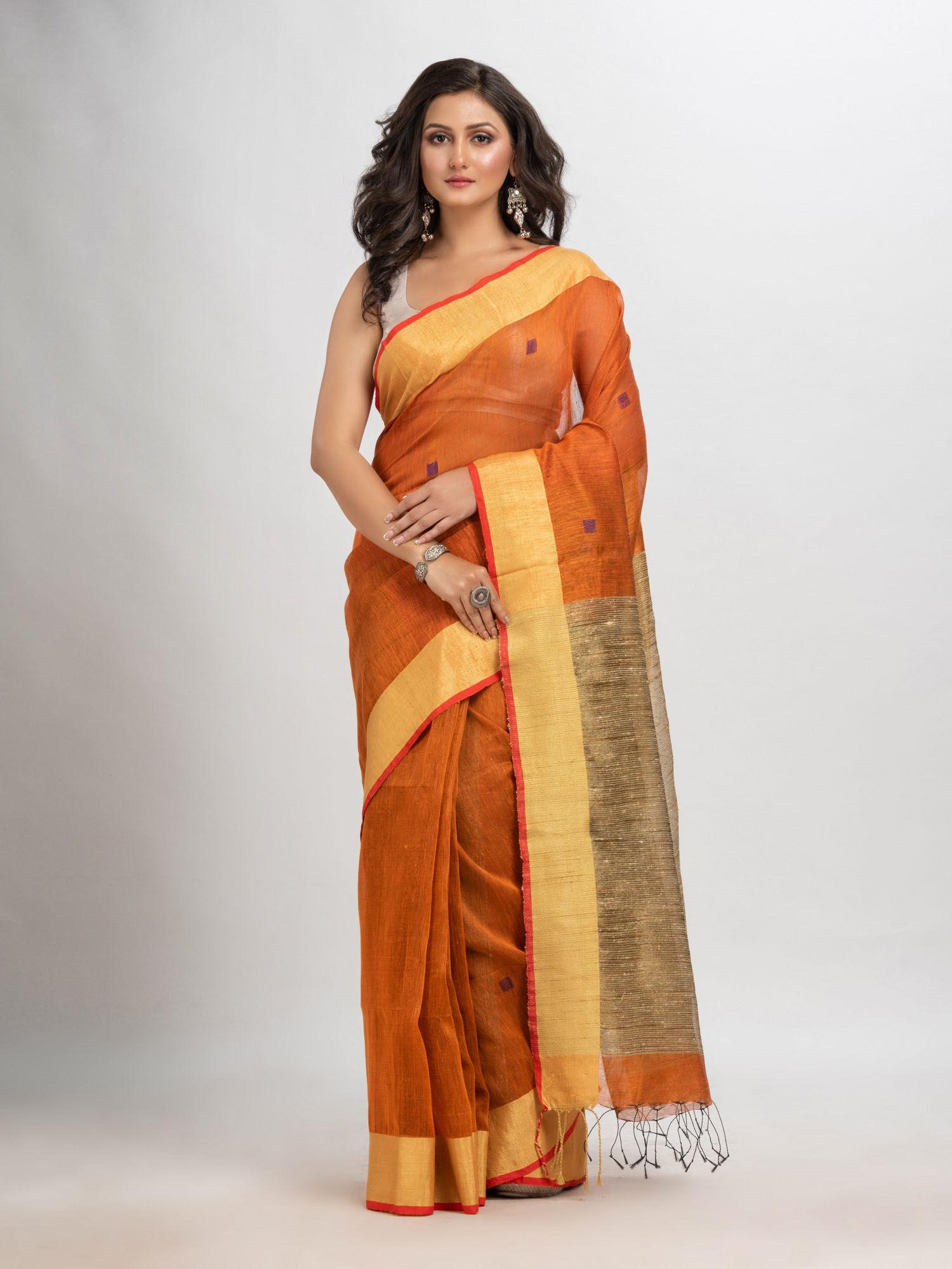 rust blended fabric printed woven saree with unstitched blouse