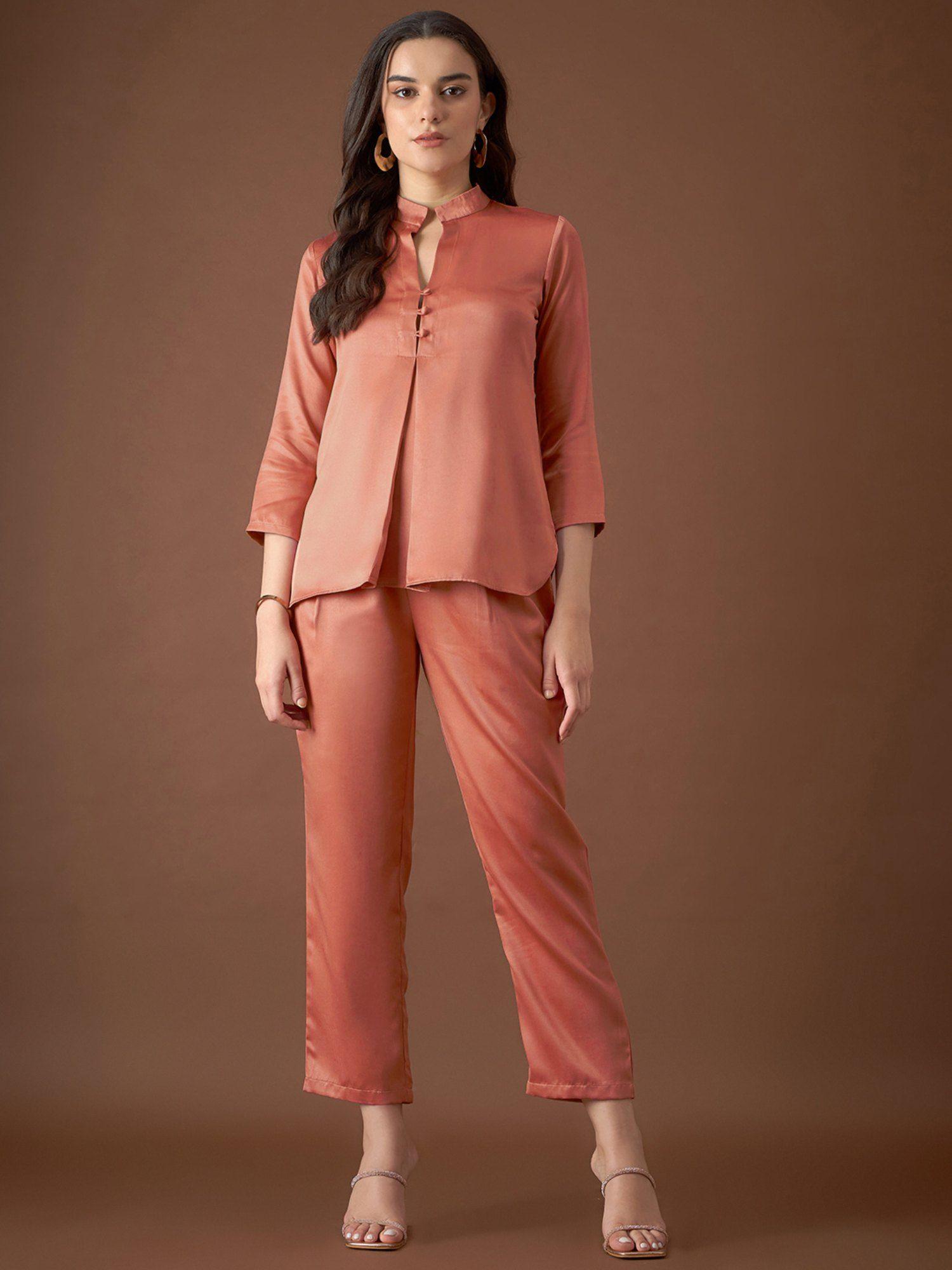 rust box pleat shirt with pants (set of 2)