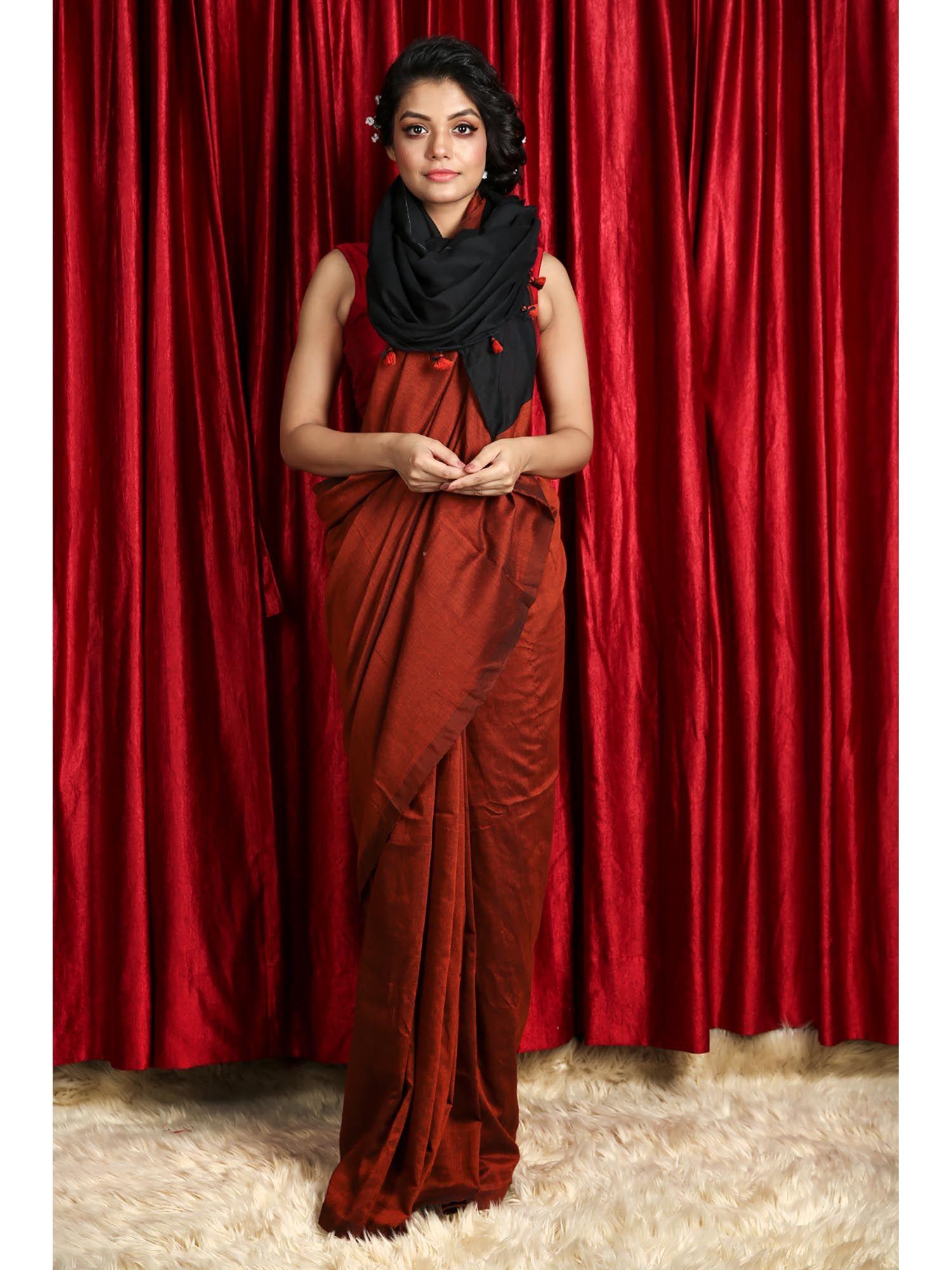 rust brick cotton handloom saree with unstitched blouse