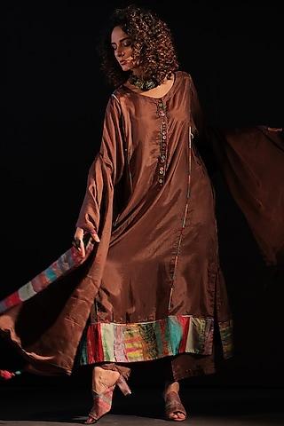 rust brown habutai silk patchwork embroidered long tunic set