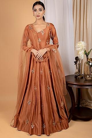 rust brown machine & hand embroidered anarkali set