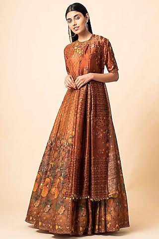 rust brown printed handwoven anarkali set