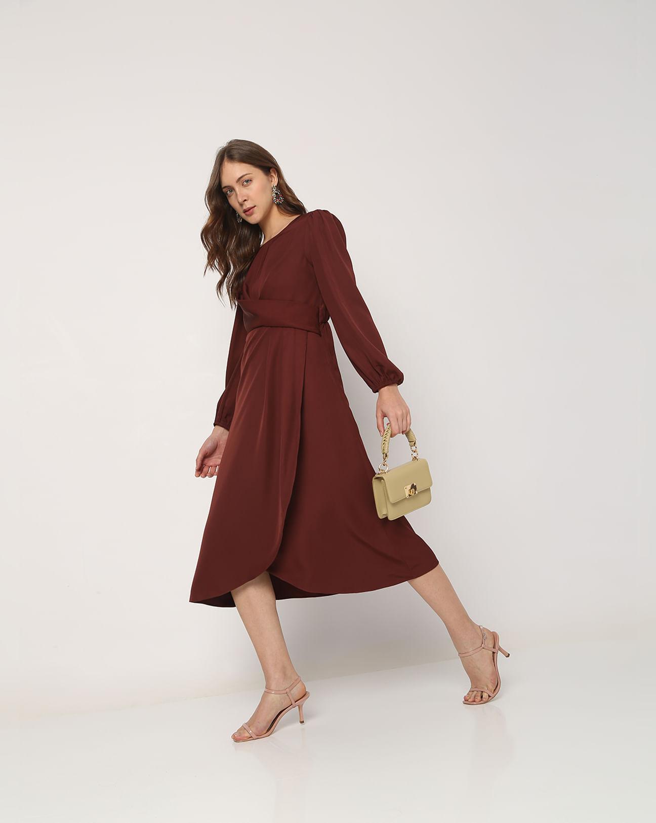 rust brown satin midi dress