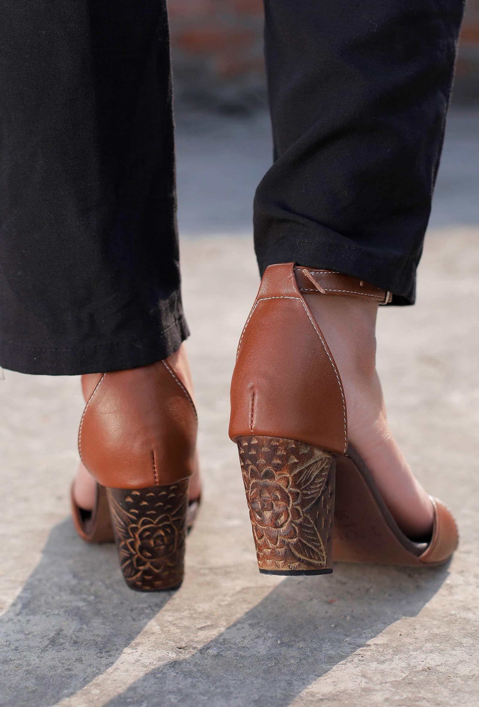 rust brown wooden carved ankle strap heels