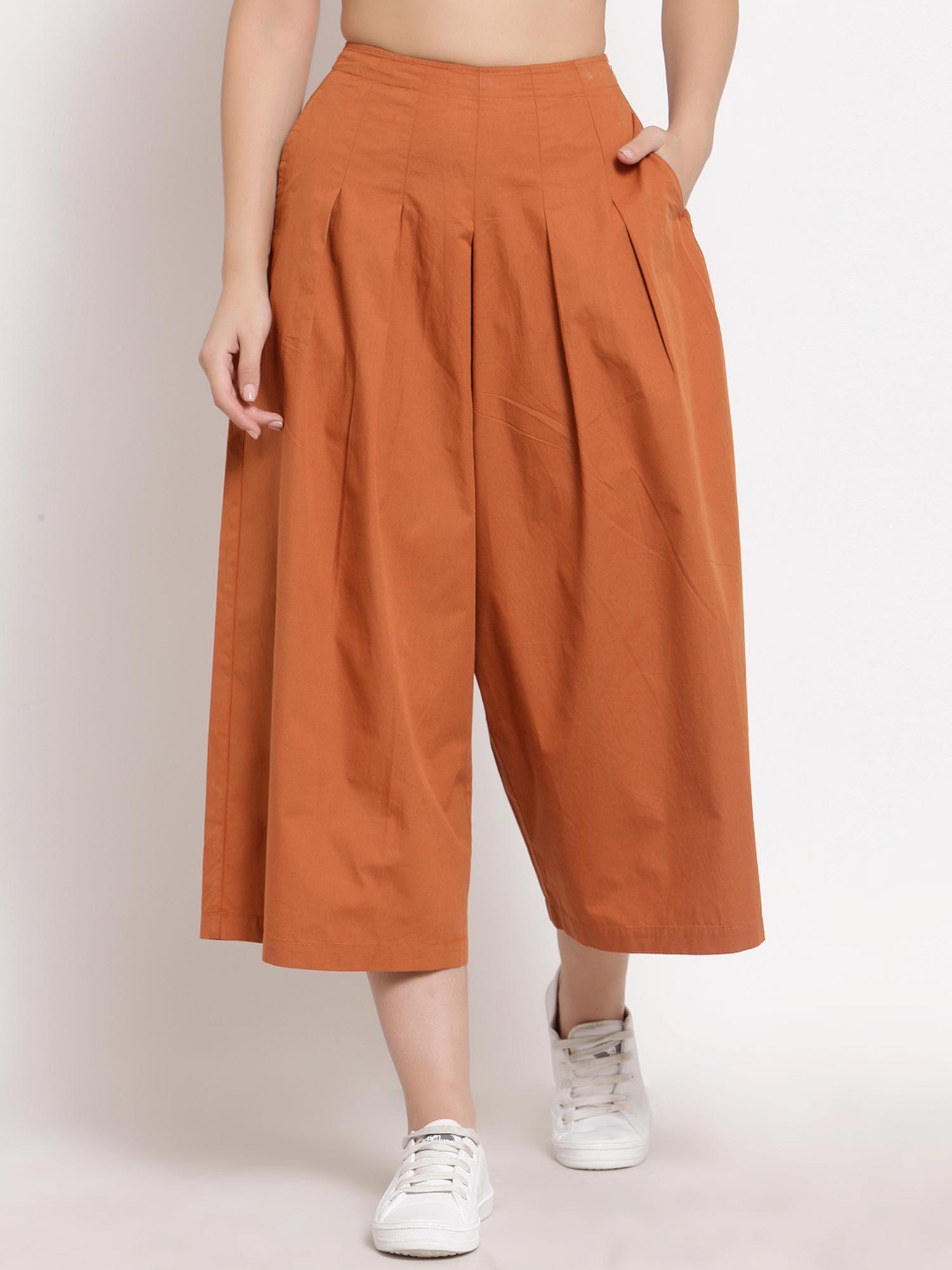 rust calf length box pleated pants