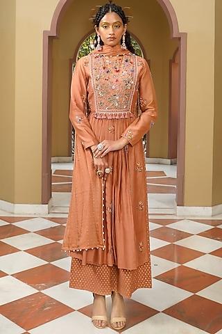 rust chanderi embroidered anarkali set