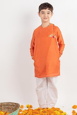 rust chanderi embroidered kurta set for boys