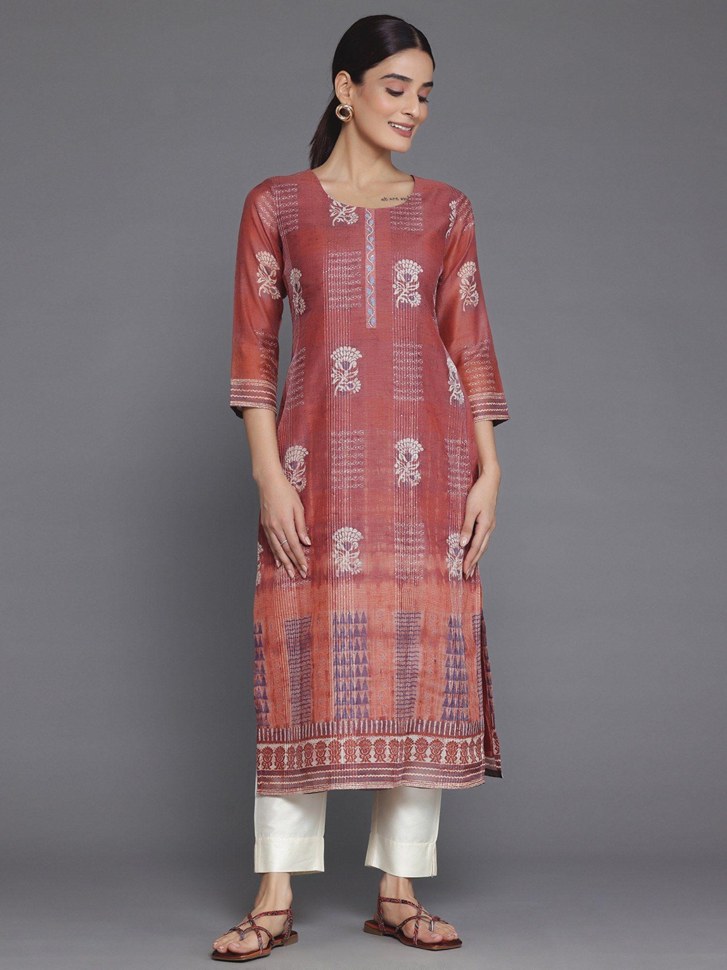 rust chanderi silk hand work yoke design kurta with lining