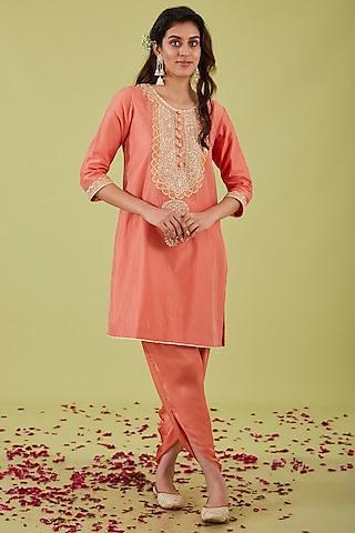 rust chanderi zari embroidered a-line kurta set