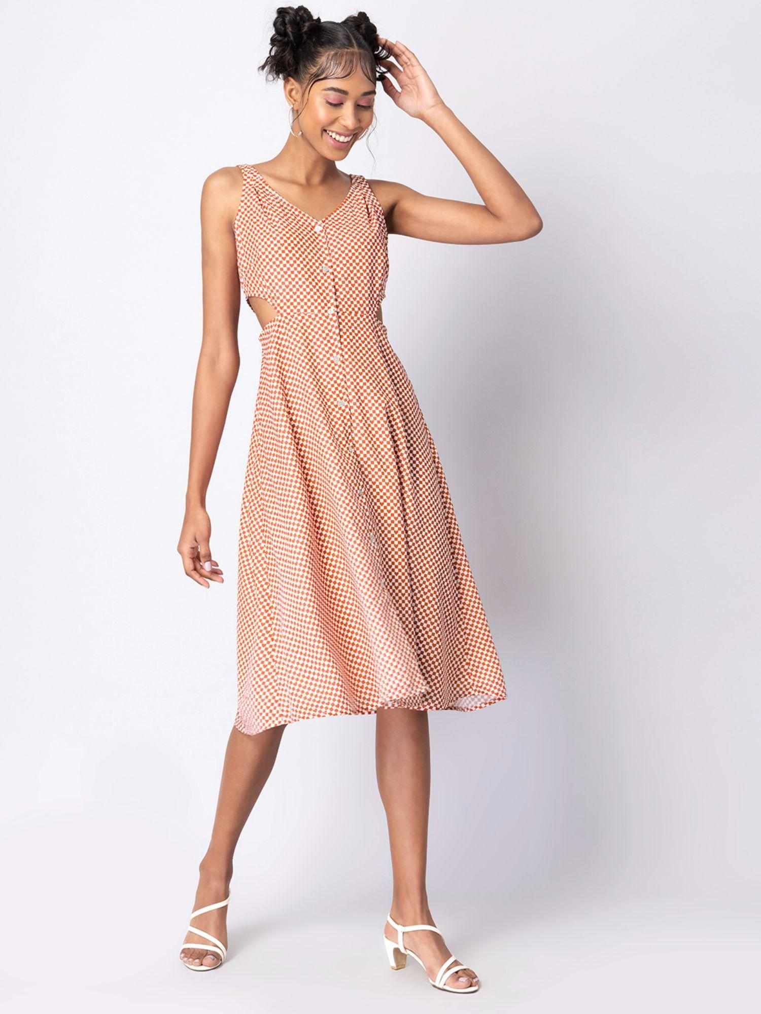 rust checked waist cut out buttoned midi dress