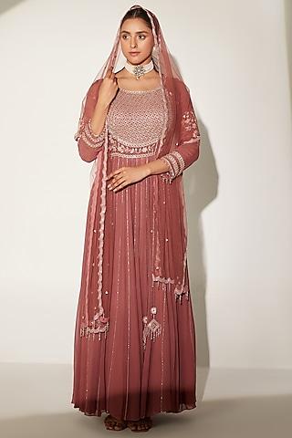 rust cinnamon embroidered anarkali set