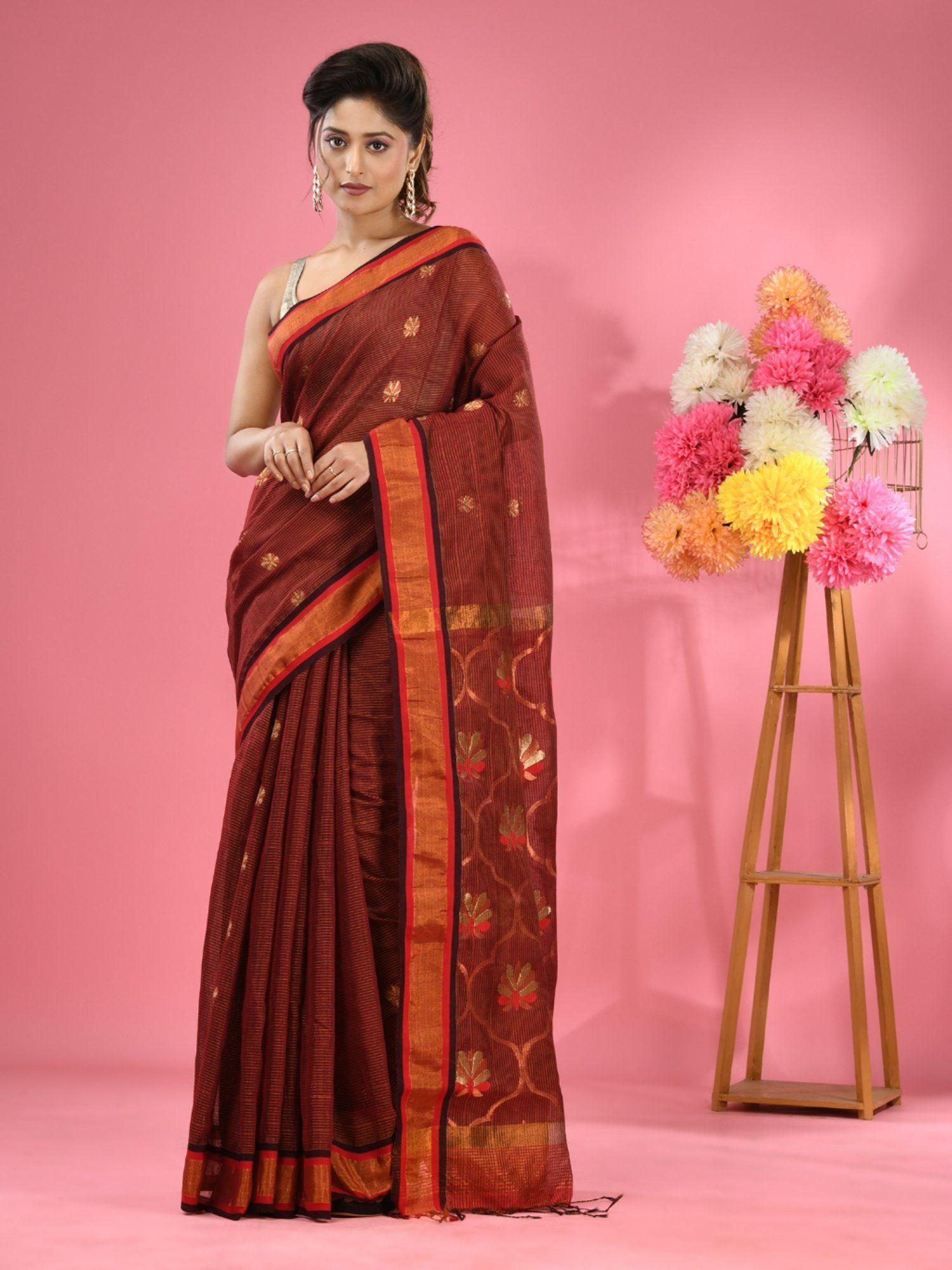 rust cotton blend handwoven floral motifs saree with unstitched blouse