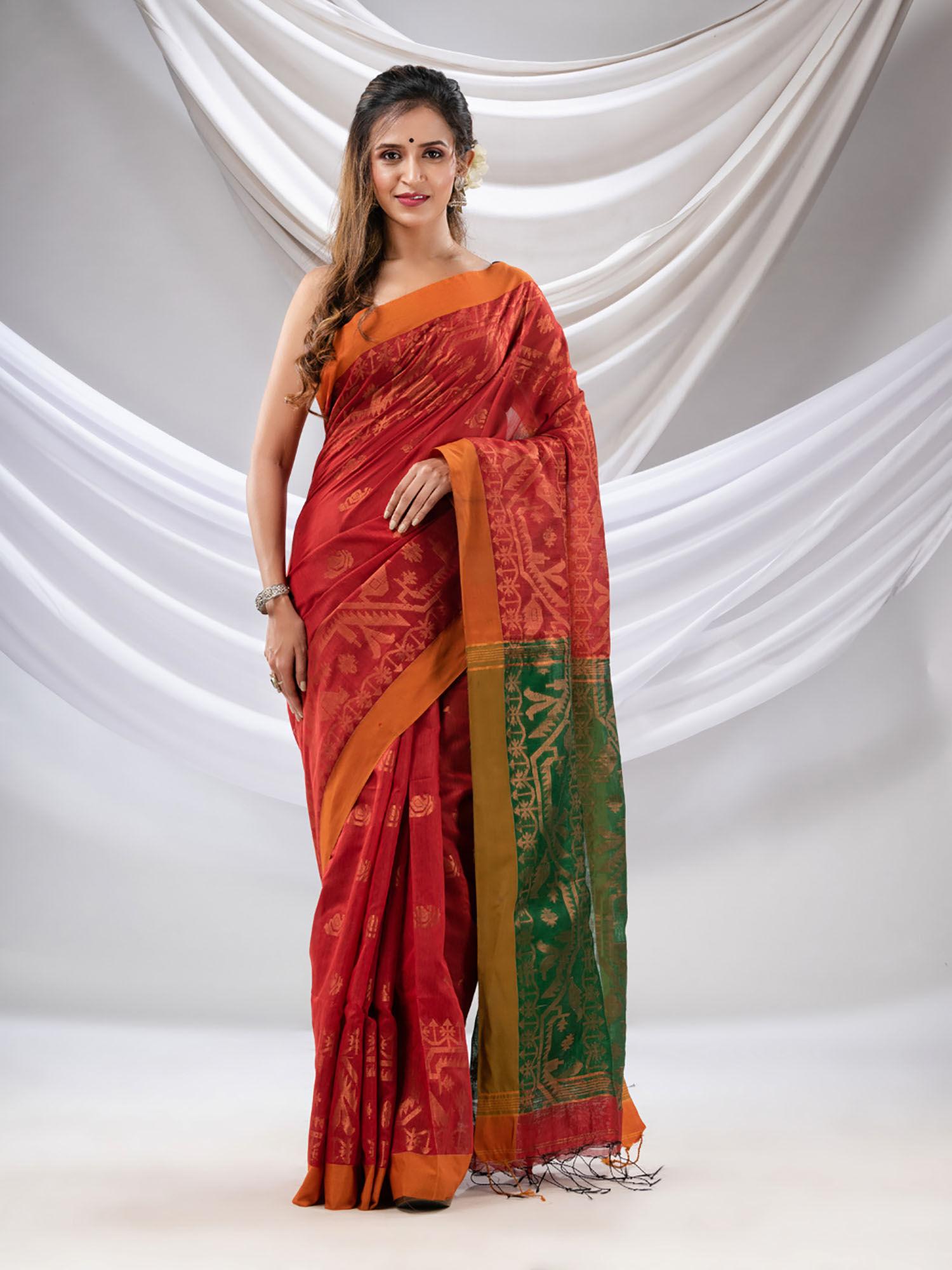 rust cotton blend handwoven saree with jamdani border with unstitched blouse