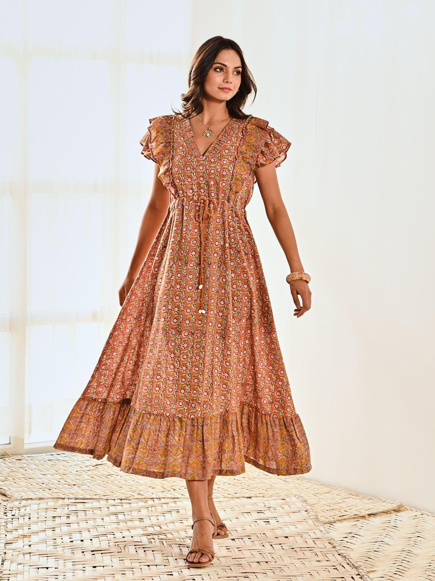 rust cotton floral print maxi long dress