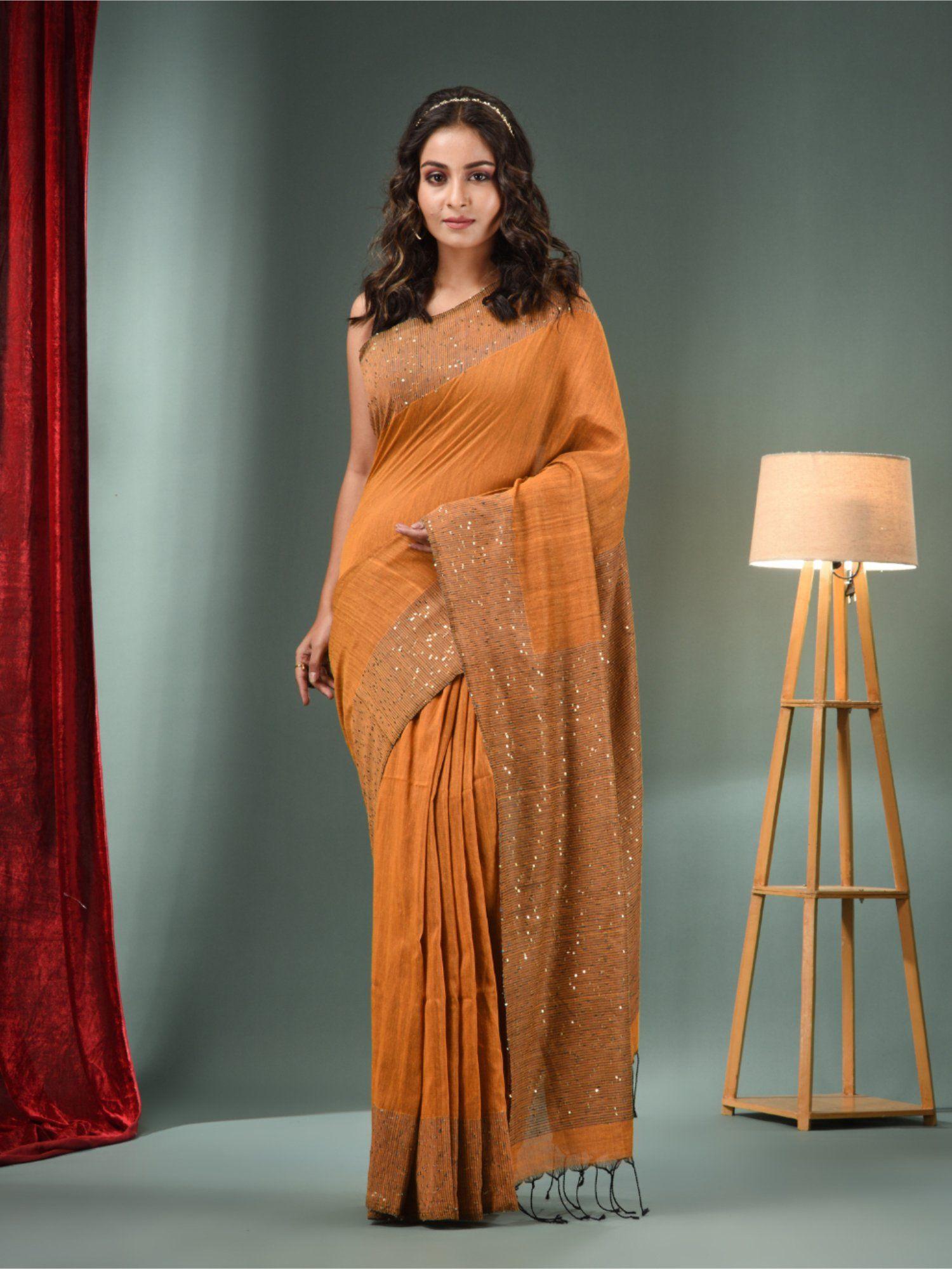 rust cotton handwoven saree with sequins work & unstitched blouse