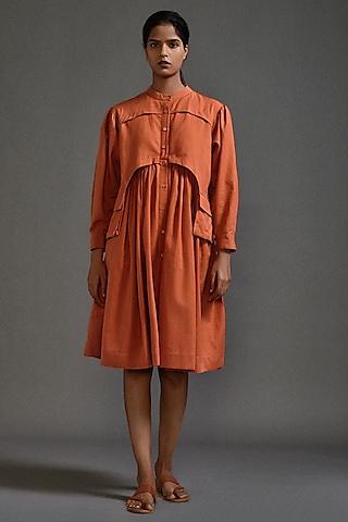 rust cotton knee-length safari dress