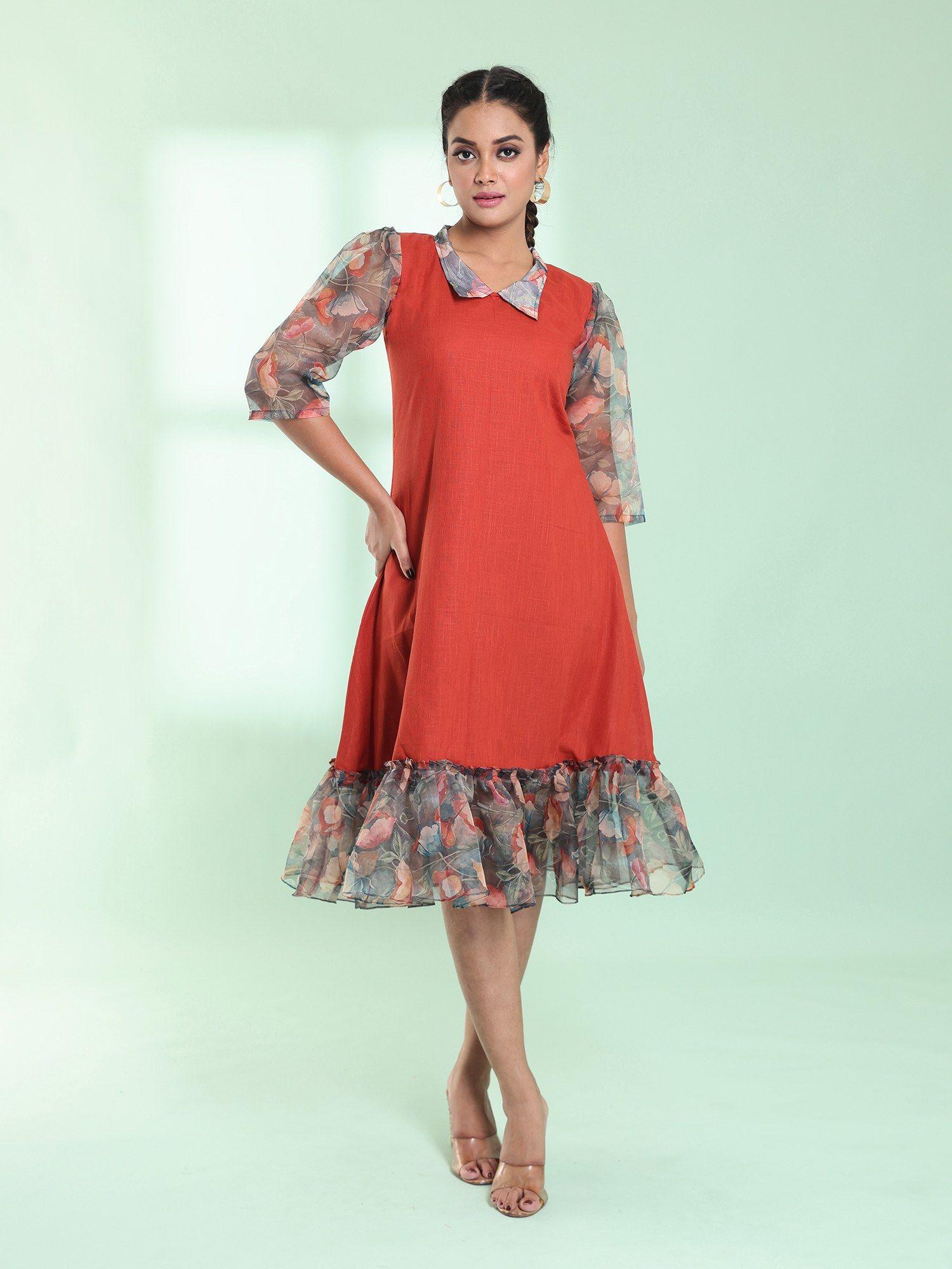 rust cotton solid a-line stitched ethnic dress