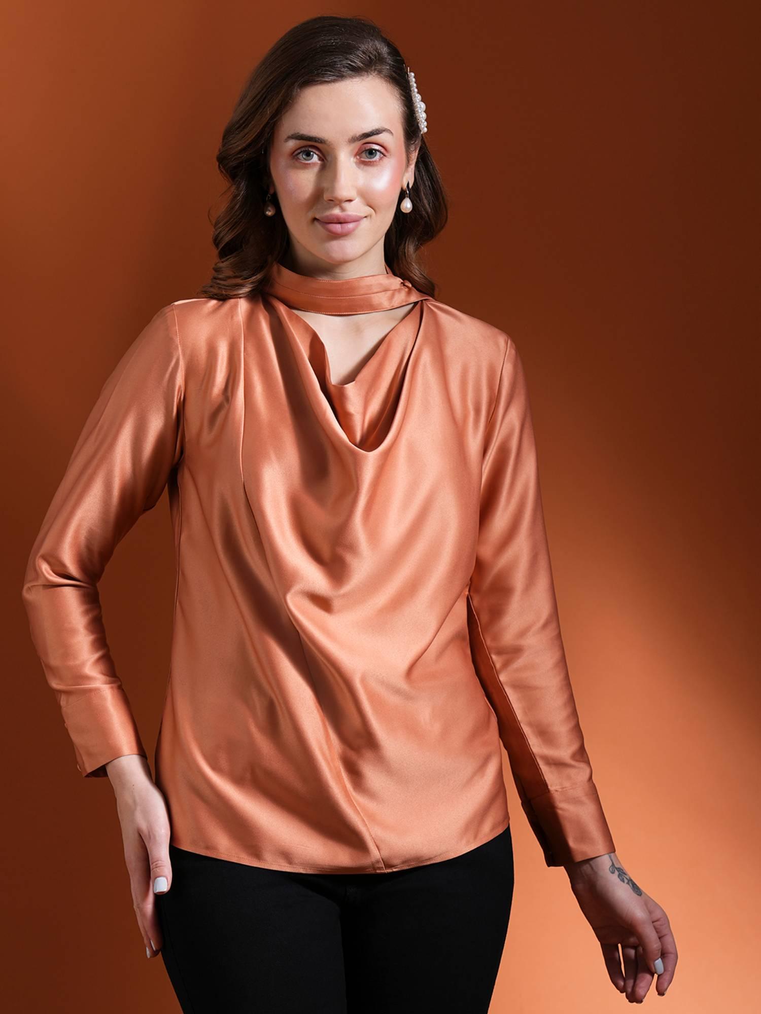 rust cowl neck long cuffed sleeves stain top