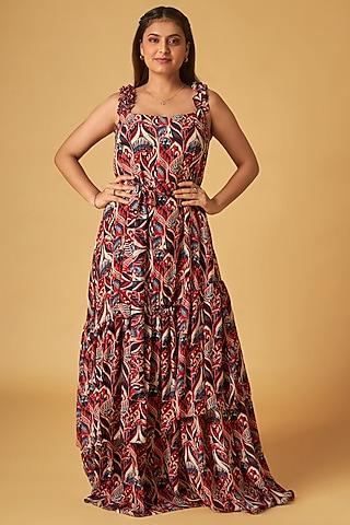 rust crepe abstract printed maxi dress