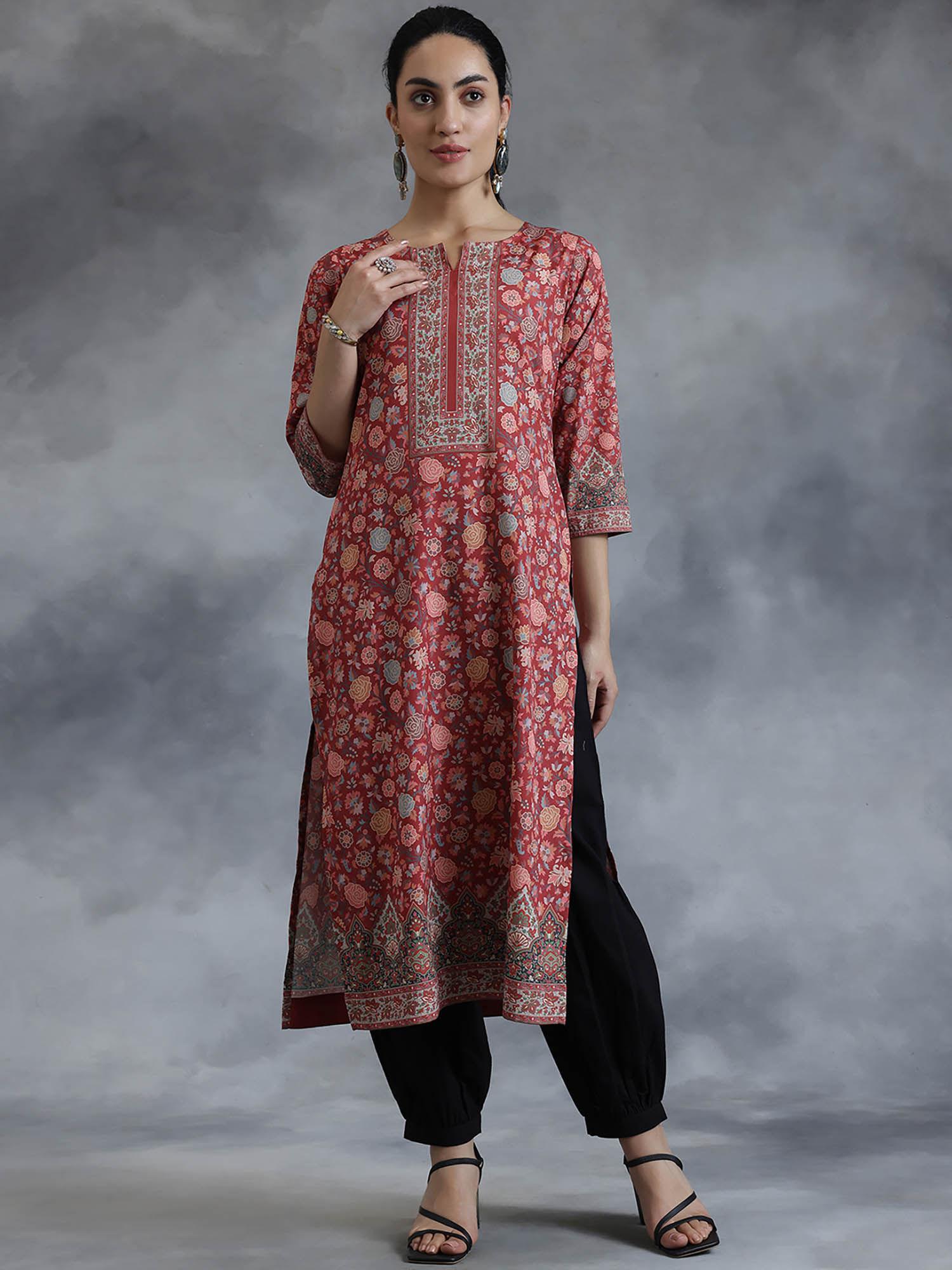 rust crepe floral printed straight kurta