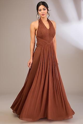 rust crinkle chiffon crinkle embroidered dress