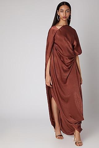 rust draped gown with cape sleeves