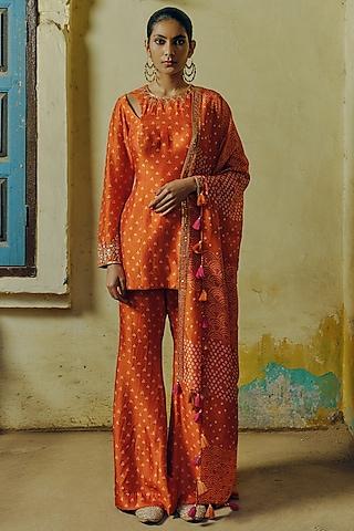 rust dupion silk bandhani printed & hand embroidered kurta set