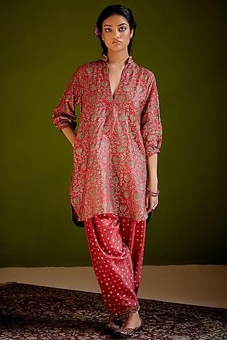 rust dupion silk block printed & hand embroidered kurta set