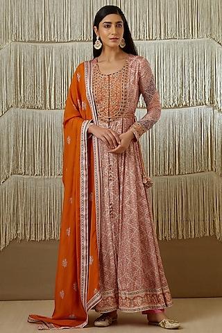 rust embroidered & printed anarkali set