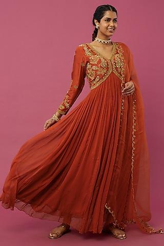 rust embroidered anarkali set