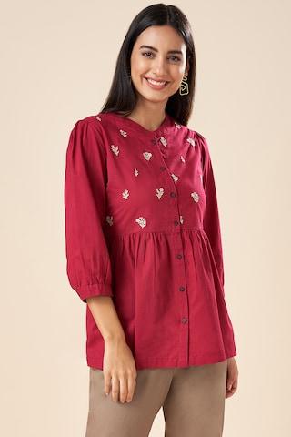 rust embroidered casual 3/4th sleeves mandarin women regular fit  tunic