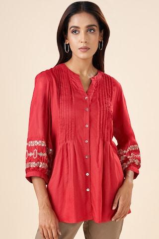 rust embroidered casual 3/4th sleeves mandarin women regular fit tunic