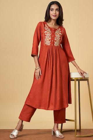 rust embroidered casual 3/4th sleeves round neck women flared fit  pant kurta set